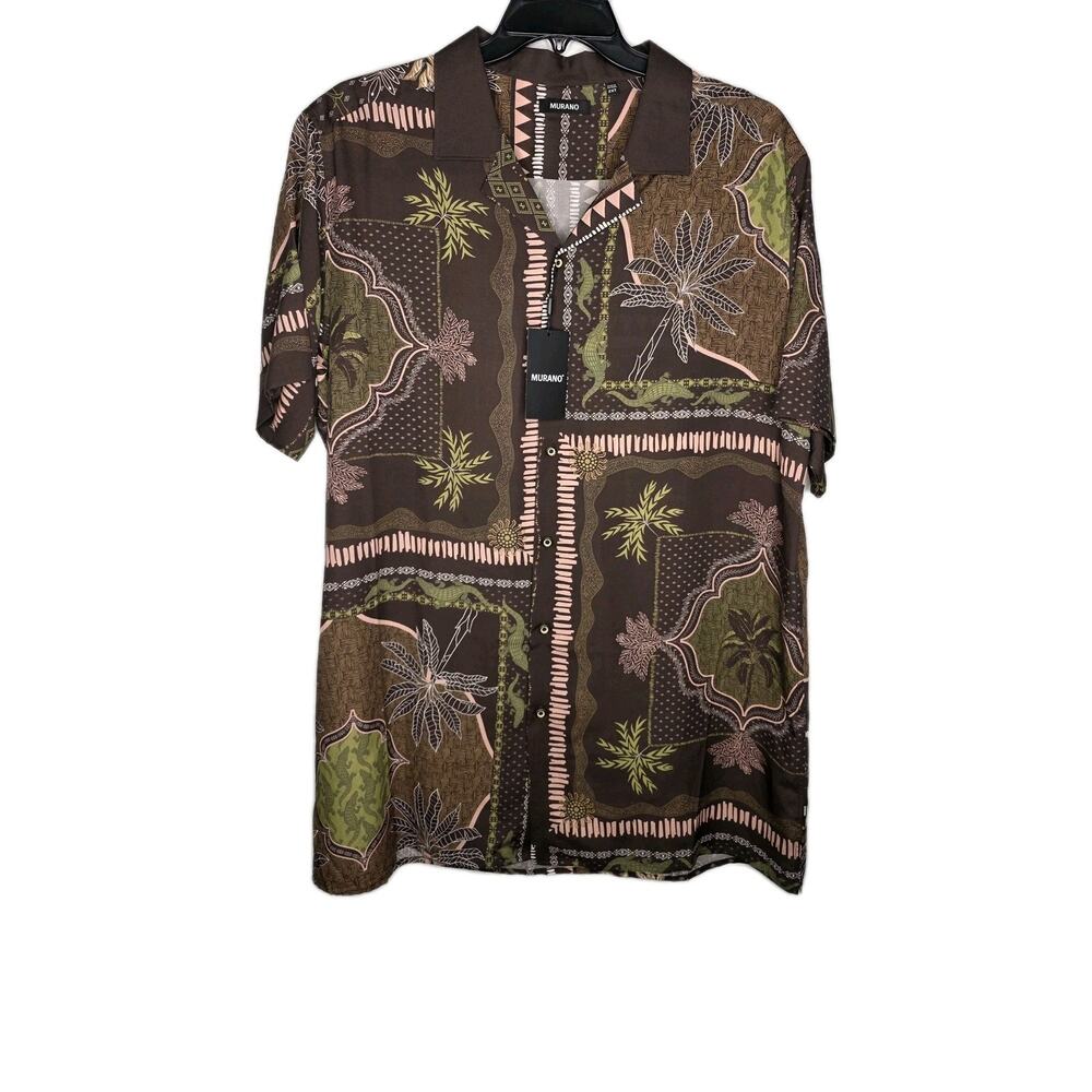 Murano Mens 2XT Casual Shirt Linen Short Sleeve Leaf Crocodile Pink Brown Camp